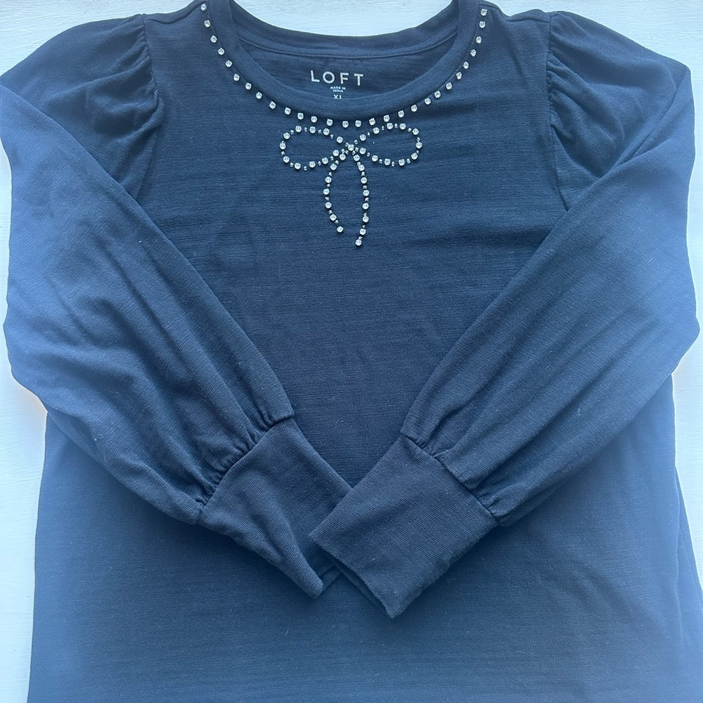 LOFT Black Cotton Top with Bow Detail